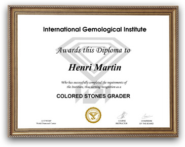 Diploma IGI relativo al corso sulle pietre di colore
