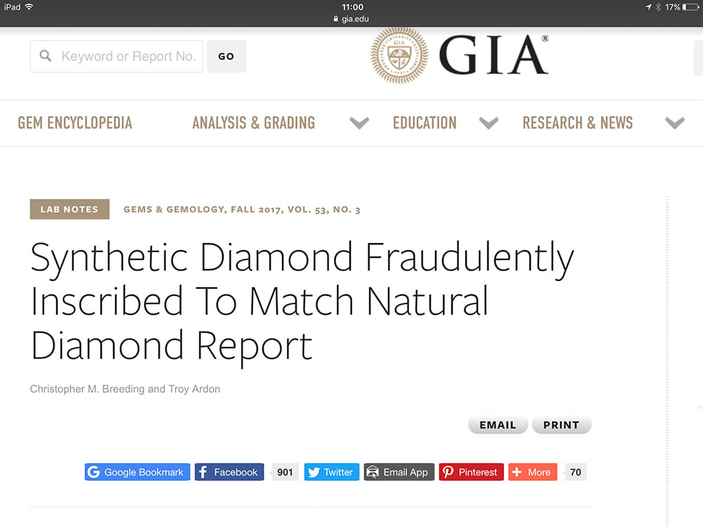 Articolo di Gems & Gemology relativo ad una falsa iscrizione inserita all'interno di un diamante sintetico
