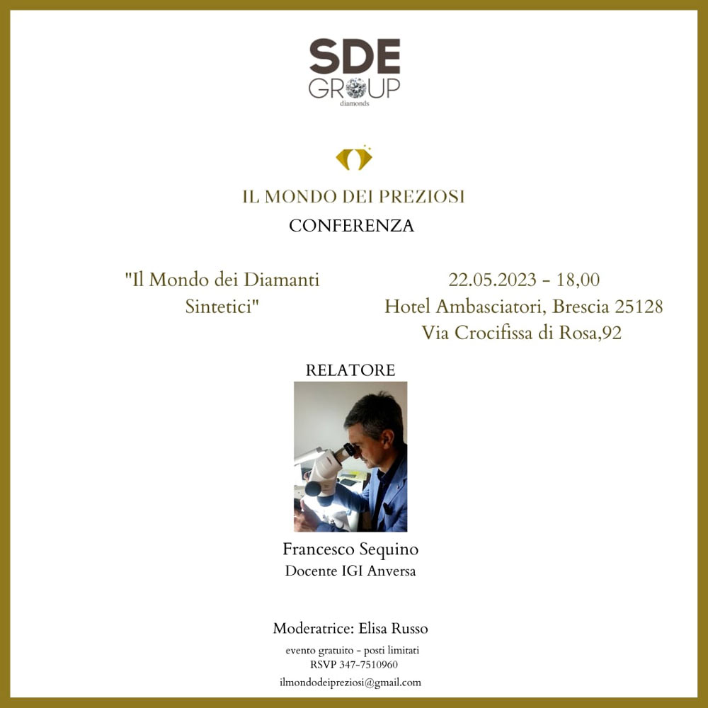 Locandina dell'evento sui diamanti sintetici "Il mondo dei preziosi" di Brescia